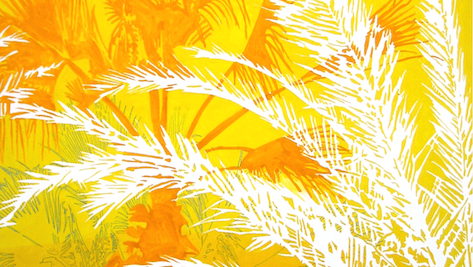 Hintergrund mit gelben und weißen Palmblättern, sommerliche Atmosphäre, passend zum Thema "hic sunt.