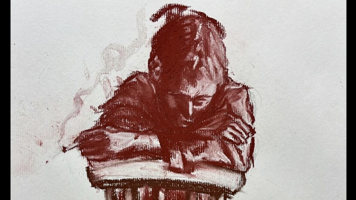 Nachdenklicher Junge in Rot, Kunstwerk von Florian Michael Hofer, Vernissage "Gedankenkarusell".